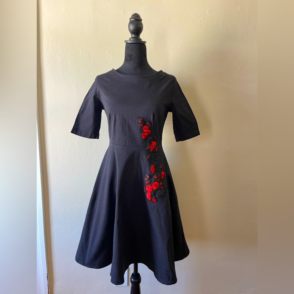 Dresses & Skirts - Black/Rose embroidered mid sleeve dress, size med, back zip, like new